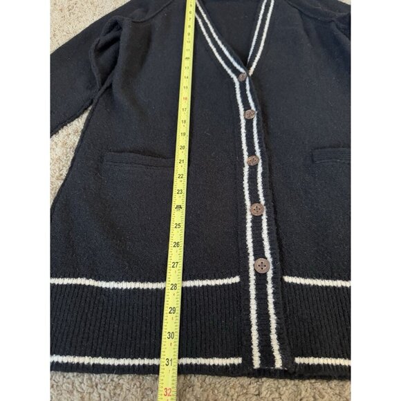 LUCKY BRAND Black Varsity-stripe Sweater Long Cardigan Coat Vneck Pockets SMALL - Picture 8 of 9